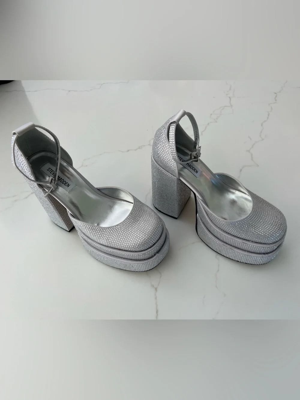 Steve Madden Silver Crystal Embellished Platform Heels with Ankle Strap